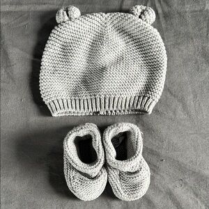 Gray Knitted Baby Hat and Booties Set